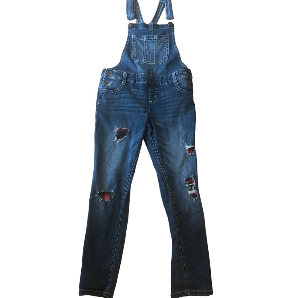 Justice Girls Denim Overalls Blue Denim Distressed Plaid Bibs